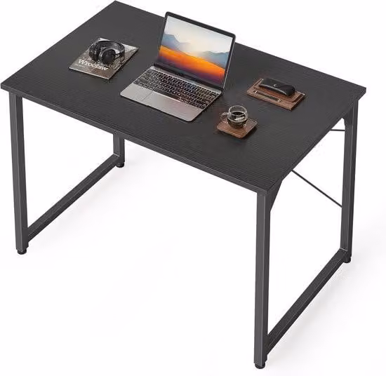 Ibenzoa® Scrivania Robusta – Tavolo multifunzionale per casa e ufficio, nero, 80x40x75 cm (ergonomica), struttura in metallo, piano in legno massello, bordo rialzato