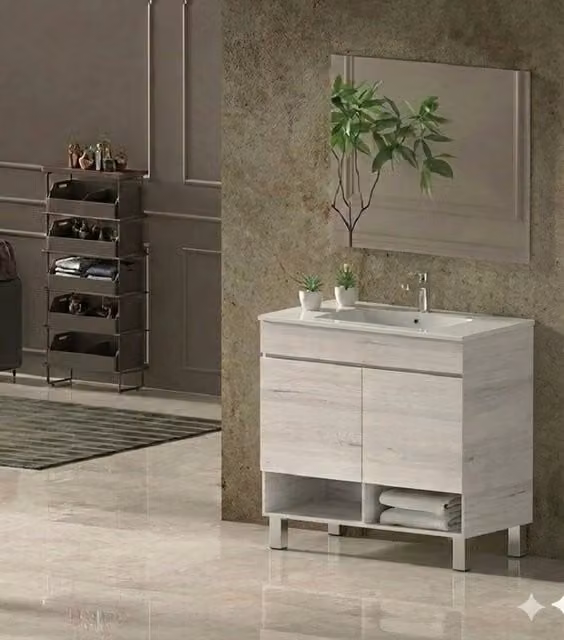 Mobile Bagno NEBARI com gambe Già Montato 2 portas, lavabo e specchio Bianco nordico 90x40 cm