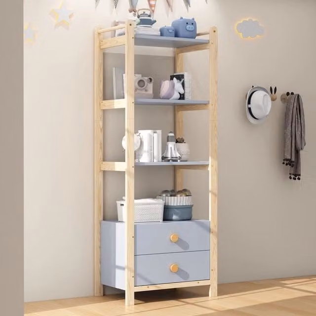 Libreria OKWISH moderna in legno di pino e MDF blu con 2 cassetti e 3 vani aperti, L: 44,0 cm, P: 25,0 cm, H: 180,0 cm