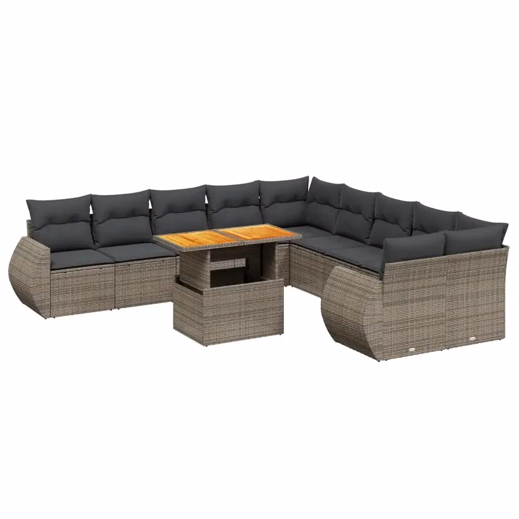 vidaXL Set Divani da Giardino a L 11 pz in Polyrattan Grigio con Cuscini Imbottiti e Tavolino – 2