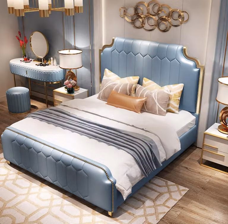 Modern Bett Doppelbett Betten Holz Blau Stil Holz Schlafzimmer