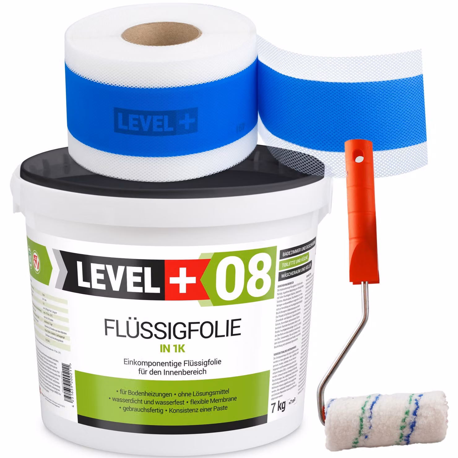 Kit di impermeabilizzazione Pellicola liquida 7 kg Nastro di tenuta 10mb + Rullo di verniciatura LEVEL+ SET296
