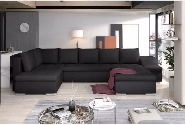 Divano panoramico GYOVANI nero con angolo destro, modello convertibile con contenitore, funzione letto e poggiatesta regolabile, rivestimento in ecopelle e struttura in metallo, MEUBLORAMA