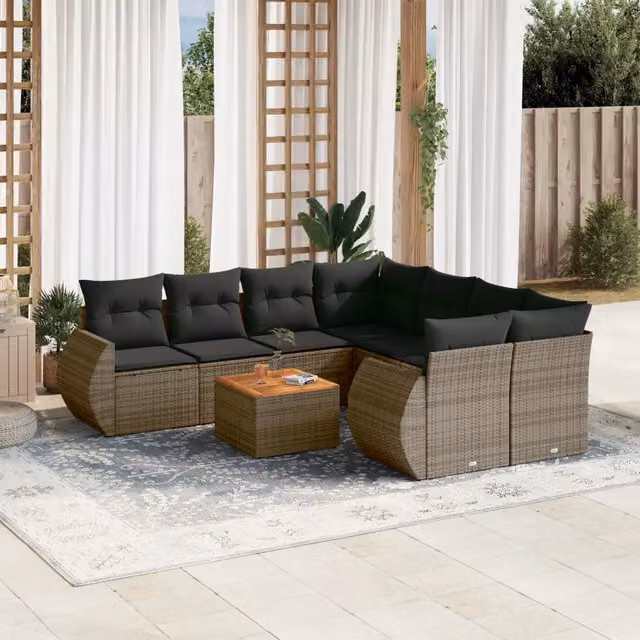 Set Divano da Giardino 9 pz con Cuscini Grigio in Polyrattan 3224933