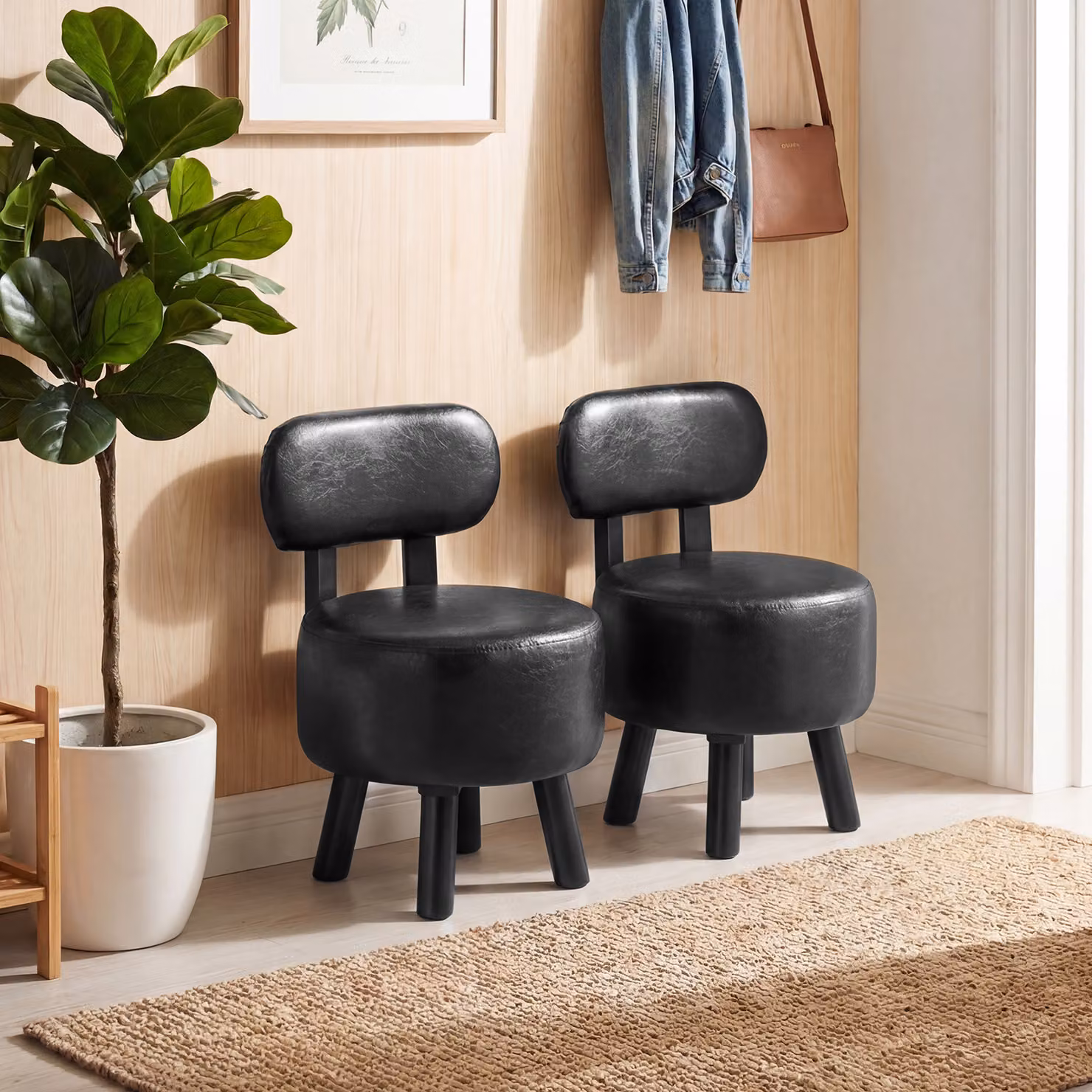 Set di 2 pouf imbottiti Costway in ecopelle nera con gambe in legno di gomma per soggiorno e camera da letto