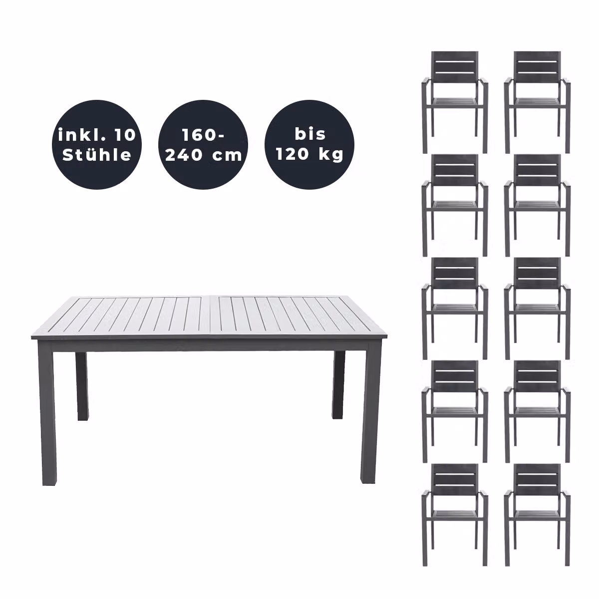 Home Deluxe - Tavolo da giardino allungabile - CASA - ca. 160 (240) x 100 x 74 cm - incl. 10 sedie, struttura in alluminio e piano del tavolo - incl. accessori I Set da giardino tavolo allungabile per balcone