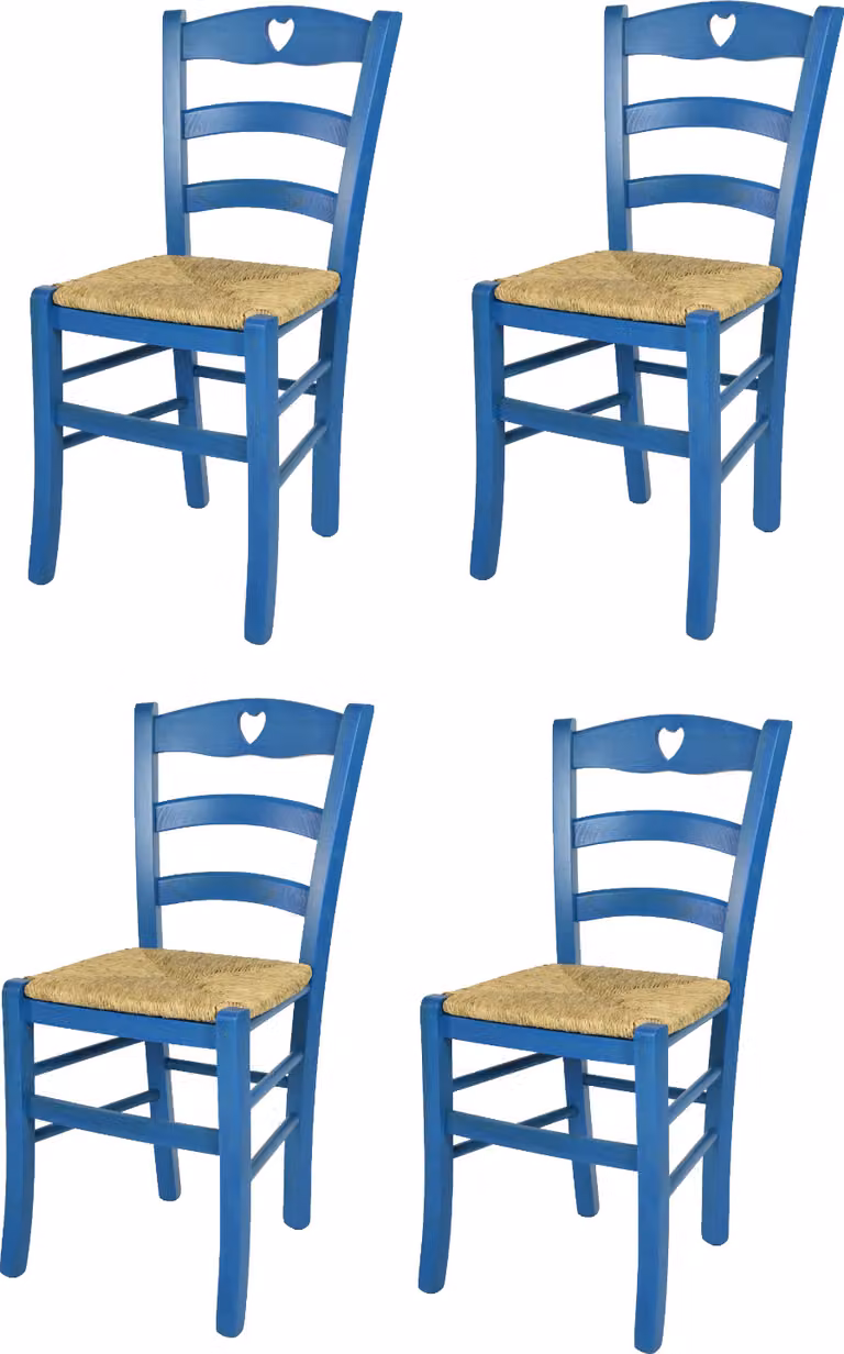 t m c s Tommychairs - Set di 4 sedie CUORE per cucina e sala da pranzo, struttura robusta in legno di faggio, laccata in colore blu anilina e sedile in paglia