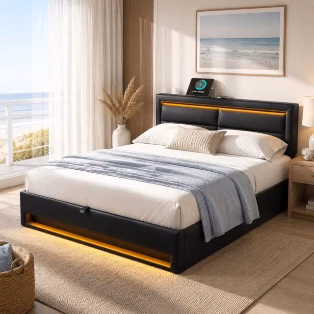 Letto imbottito 140x200 cm con USB; LED e contenitore; PU nero