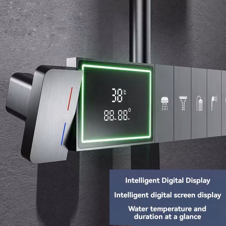 Sistema doccia – Doccia a pioggia – Ugello doccia a cascata – Struttura in acciaio inossidabile – Controllo LCD della temperatura e del flusso – 5 velocità