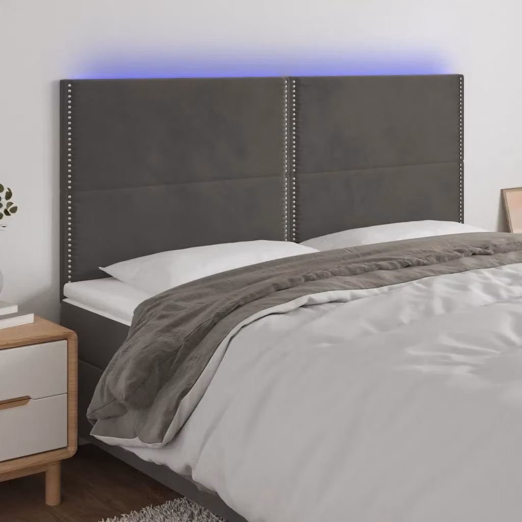 Testiera con illuminazione LED e porta di ricarica USB in velluto grigio, L 180 cm x P 5 cm x H 118/128 cm – 2