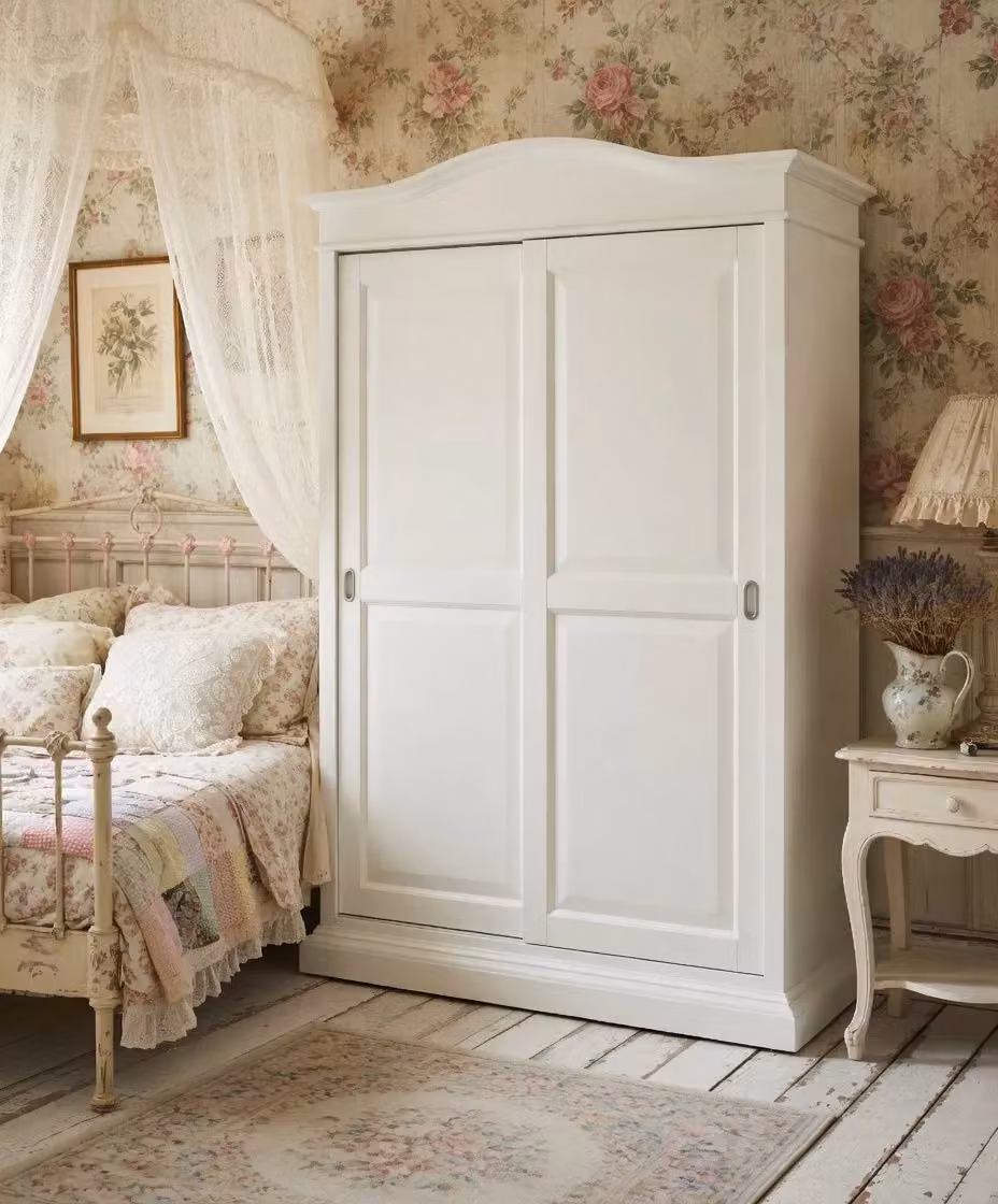 Armadio in stile arte povera Mobili 2G con 2 ante scorrevoli in legno bianco L: 183 cm, P: 67 cm, H: 222 cm – 2