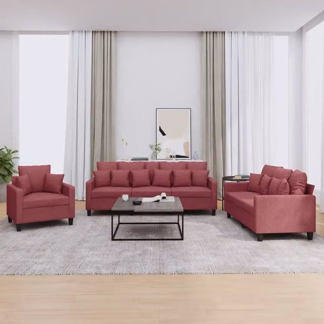 Set di divani 3 pezzi vidaXL in tessuto rosso per soggiorno con cuscini inclusi