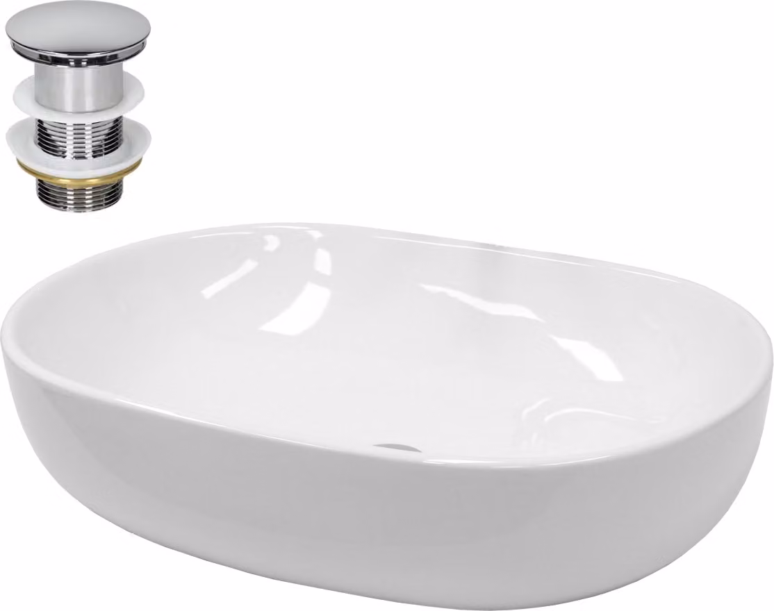 Lavabo LuxeBath Lavabo da appoggio ovale, 60x42x14,5 cm, bianco, in Vetroceramica, incl. set di scarico senza troppopieno