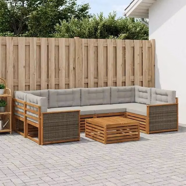 Set di divani da esterno a L vidaXL in legno di acacia con tavolo da caffè, 7 pezzi, Beige e Grigio