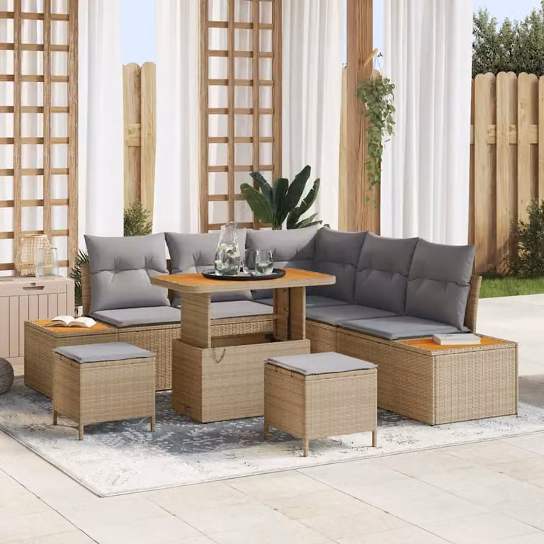 Set Divano da Giardino vidaXL 8 Pezzi a Forma di L con Cuscini Beige e Tavolino in Rattan e Acciaio
