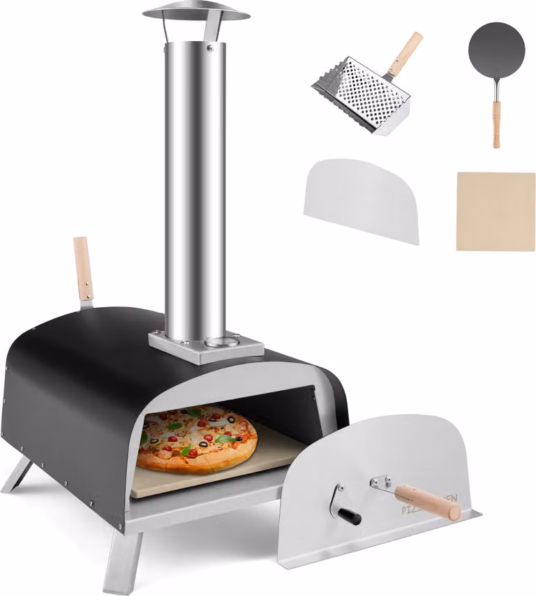 KOMFOTTEU Forno per pizza da esterno, forno a legna portatile con pietra per pizza, pala per pizza e termometro; forno per pizza in acciaio inossidabile, forno a gas per barbecue e campeggio