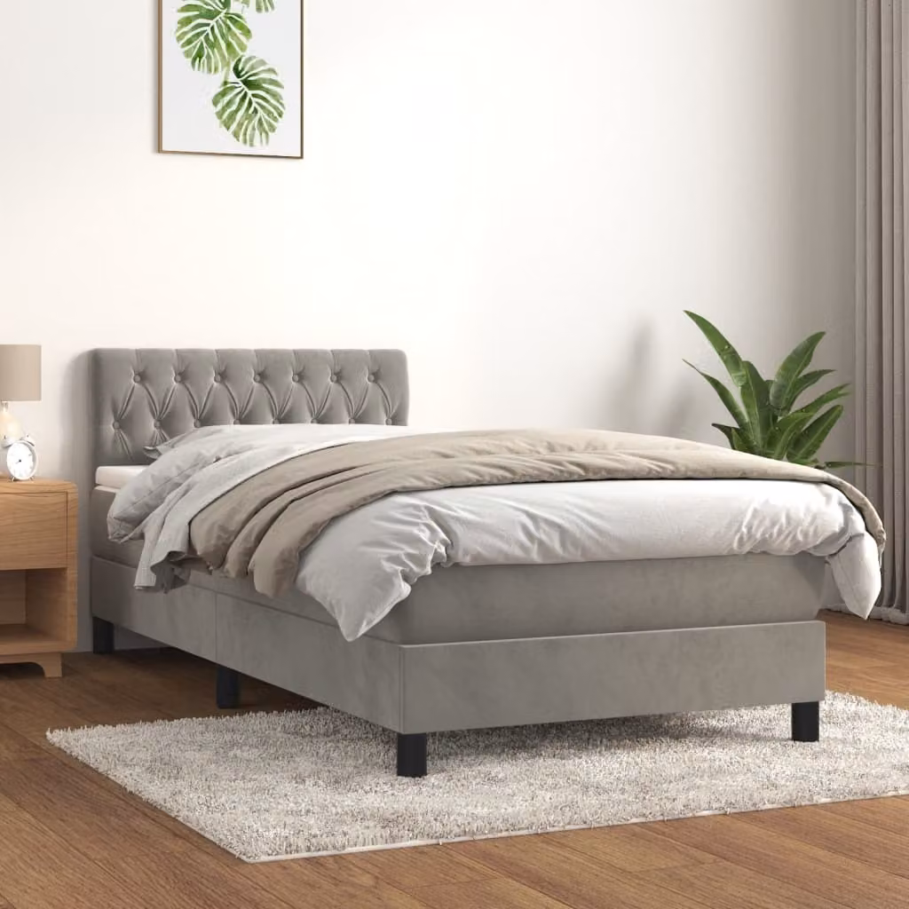 The Living Store Letto a molle con materasso grigio chiaro 90x200 cm in velluto