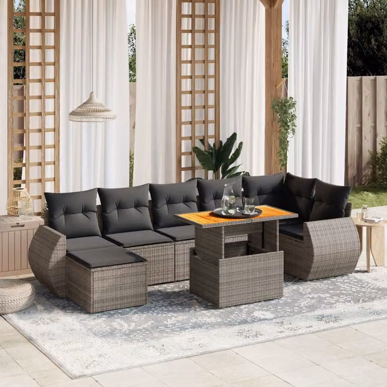 Set Divano da Giardino vidaXL 8 pz in Polyrattan Grigio con Cuscini Imbottiti e Tavolino
