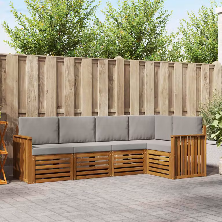 Set di divani da esterno vidaXL a forma di L in legno di acacia con cuscini, Grigio e Bianco