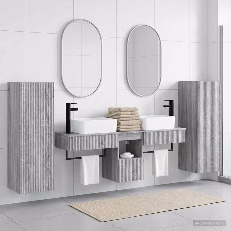 Set di mobili per il bagno moderno vidaXL in 5 pezzi colore grigio con vanità, pensili e armadietti laterali