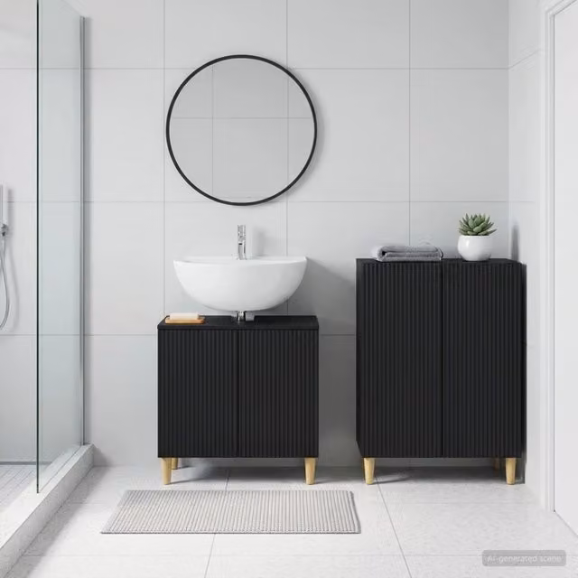 Set di mobili da bagno moderni vidaXL composto da mobile sottolavabo e mobile laterale in legno nero opaco