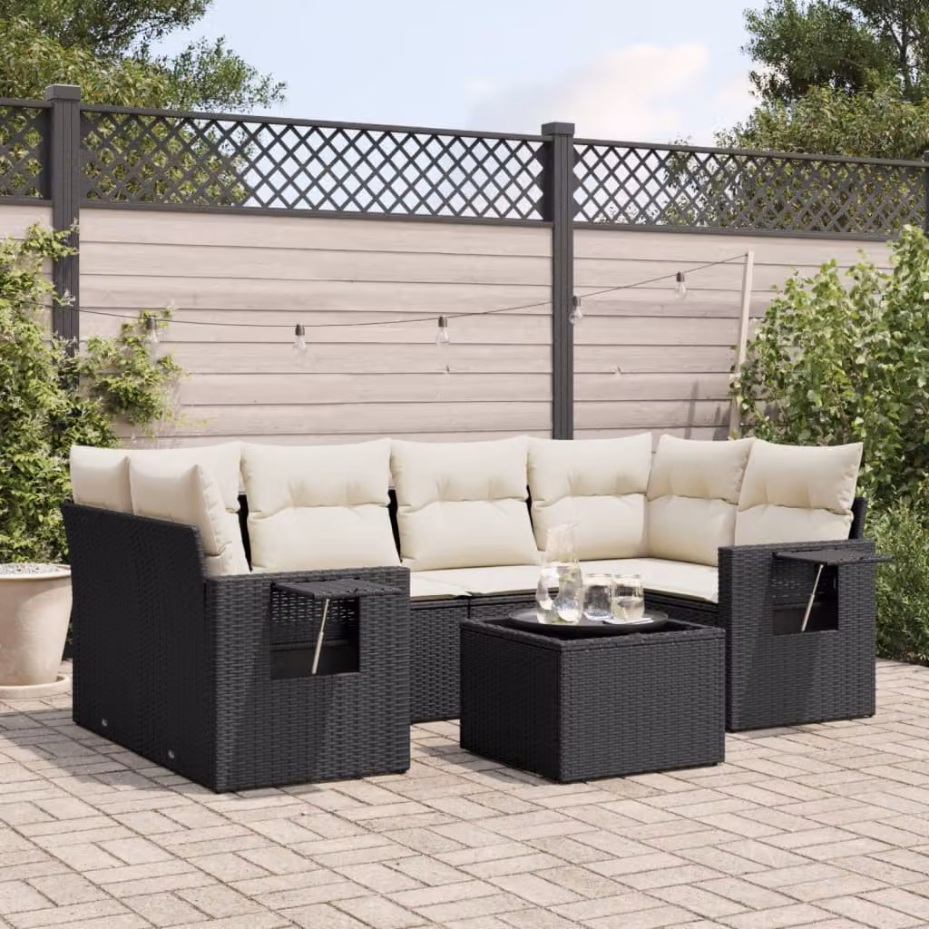 vidaXL Set Divano da Giardino a L con Polyrattan e Cuscini, 7 Pezzi, Nero e Bianco – 1