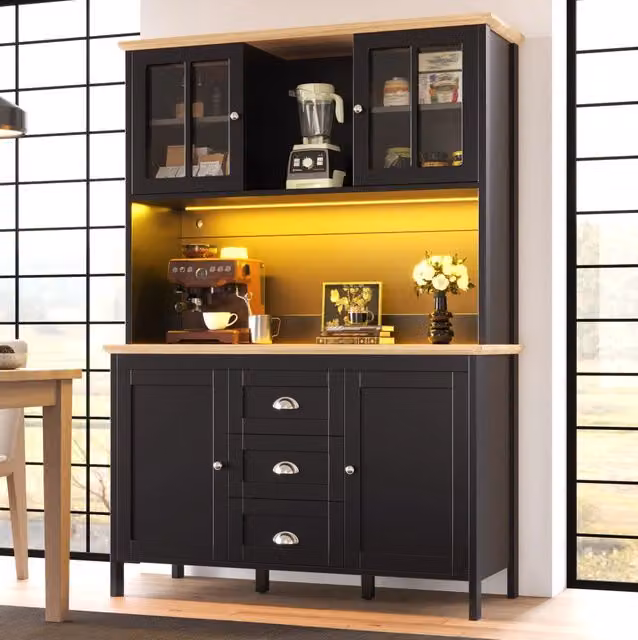 Mobile alto con LED, 120x40x179 cm, 4 porte, 3 cassetti, bianco e nero, con sistema anticaduta