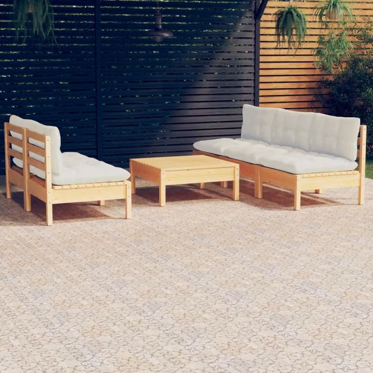 The Living Store Set da giardino da 6 pezzi con cuscini crema in legno di pino
