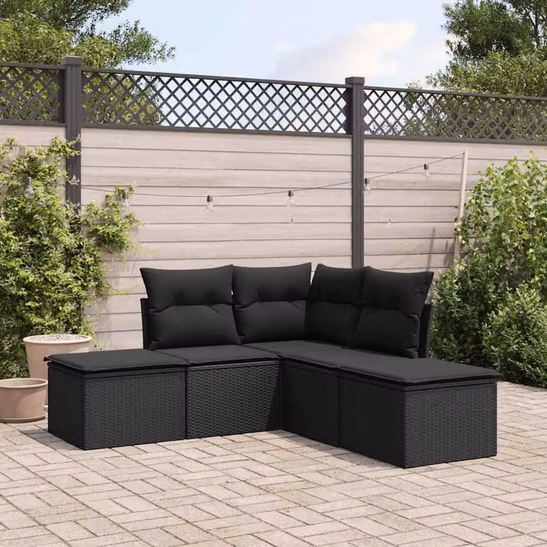 vidaXL Set Divani da Giardino 5 Pezzi a Forma di L con Cuscini, Polyrattan e Struttura in Acciaio Nero