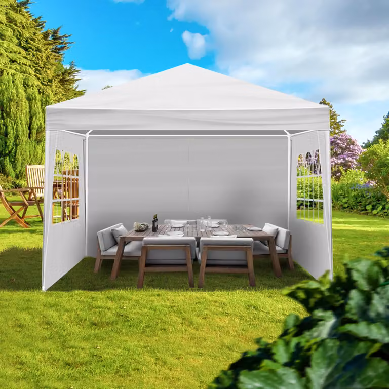 LEADZM - Gazebo da giardino 3x3 metri con 3 pannelli laterali, tenda portatile e impermeabile, ideale per feste, con tubi a spirale, colore bianco