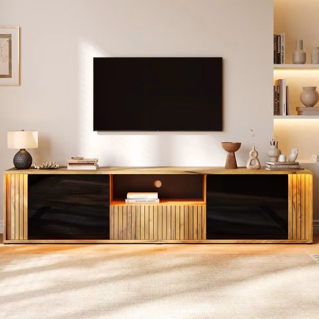 Mobile TV con LED Bluetooth, 2 ante, 1 cassetto e vani aperti, da salotto, nero e legno naturale, 180 × 40 × 51 cm