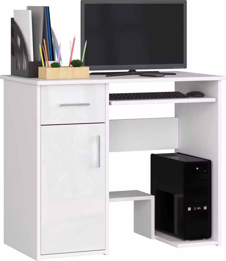 Scrivania da 90 cm con ripiano per tastiera, 1 cassetto e 1 anta; scrivania per computer, tavolo da lavoro