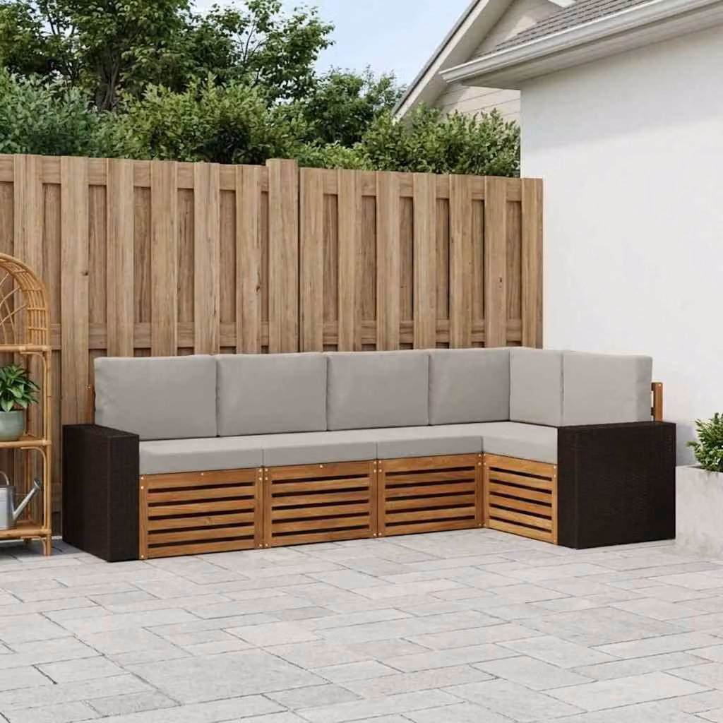 Set di divani da esterno vidaXL a forma di L in legno di acacia con cuscini, beige e grigio