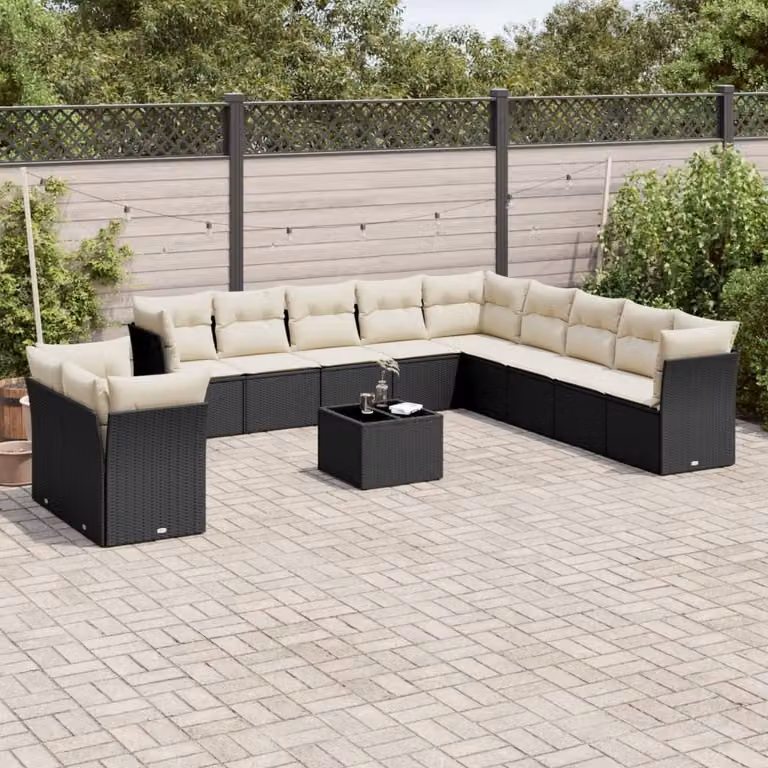 vidaXL Set Divani da Giardino a L 12 pz in Polyrattan Nero con Cuscini e Tavolino da Esterno
