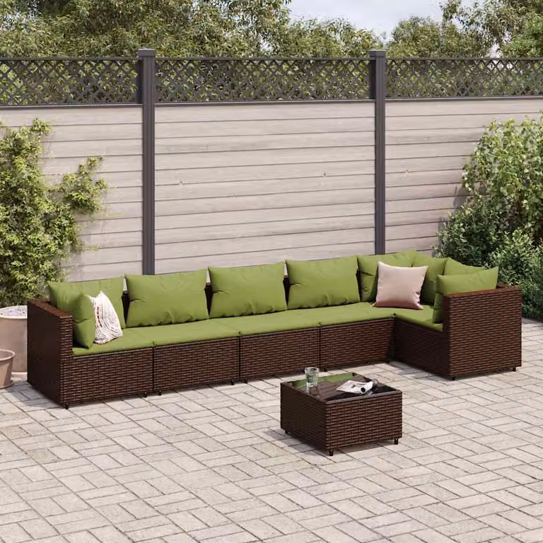 vidaXL Set Divani da Giardino 7 pz a Forma a L con Tavolino in Vetro e Cuscini Marroni e Verdi