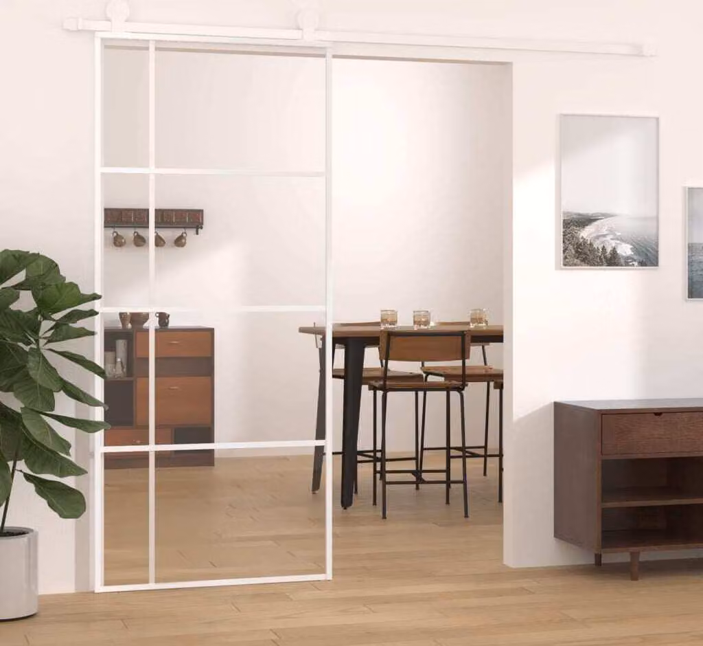 The Living Store Porta scorrevole ESG in vetro e alluminio 90x205 cm Bianco