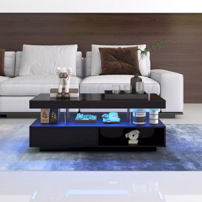 Tavolino Merax con 2 cassetti e vano portaoggetti, tavolino da divano lucido con LED incl. APP, tavolino da salotto 95x42,5x50cm, nero