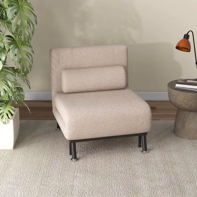 Poltrona letto moderna REDOM beige con struttura in metallo e seduta imbottita L/P/H: 75 x 70 x 75 cm