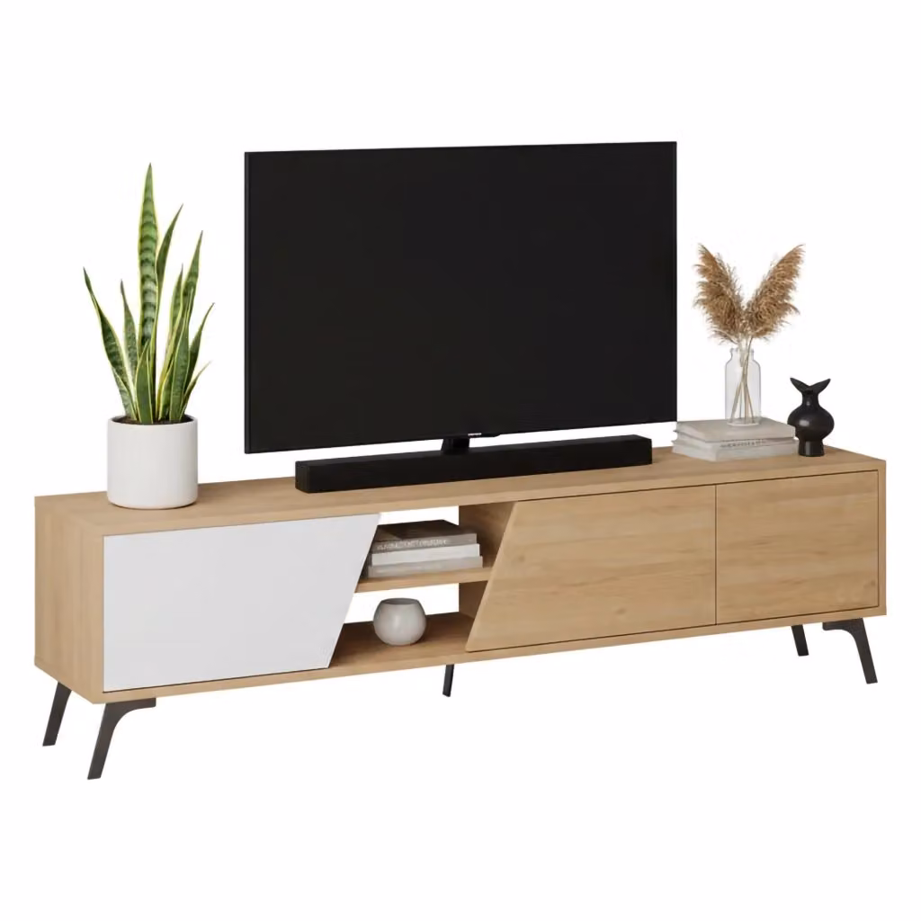 Mobile porta TV DMORA con un ripiano, design moderno in legno color quercia marrone, L 180 cm x P 36 cm x H 48 cm – 2
