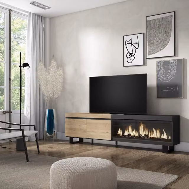 Mobile TV Soggiorno, 208x35x57cm, Per TV fino a 80", Camino elettrico XXL, Design industriale, colore Rovere e nero RF3269