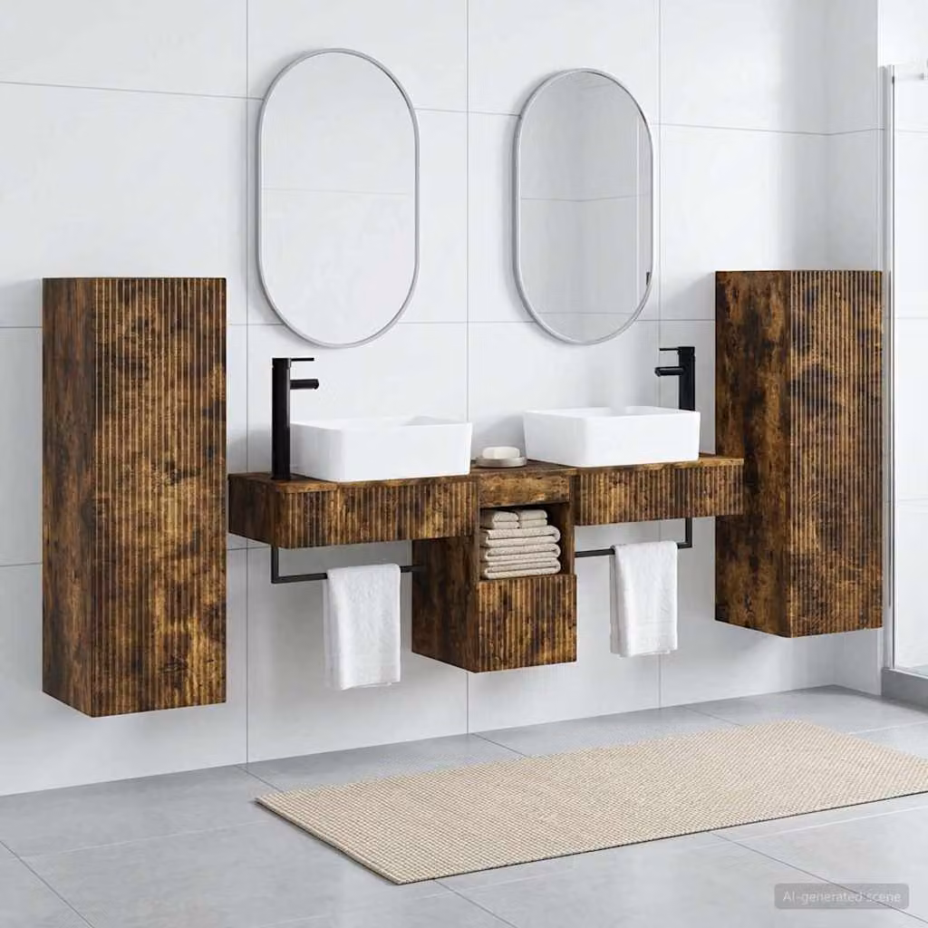 Set di mobili per il bagno moderno vidaXL in legno rovere marrone composto da 5 pezzi con vanità, pensili e armadietti L/P/H: 33 x 34,5 x 100 cm