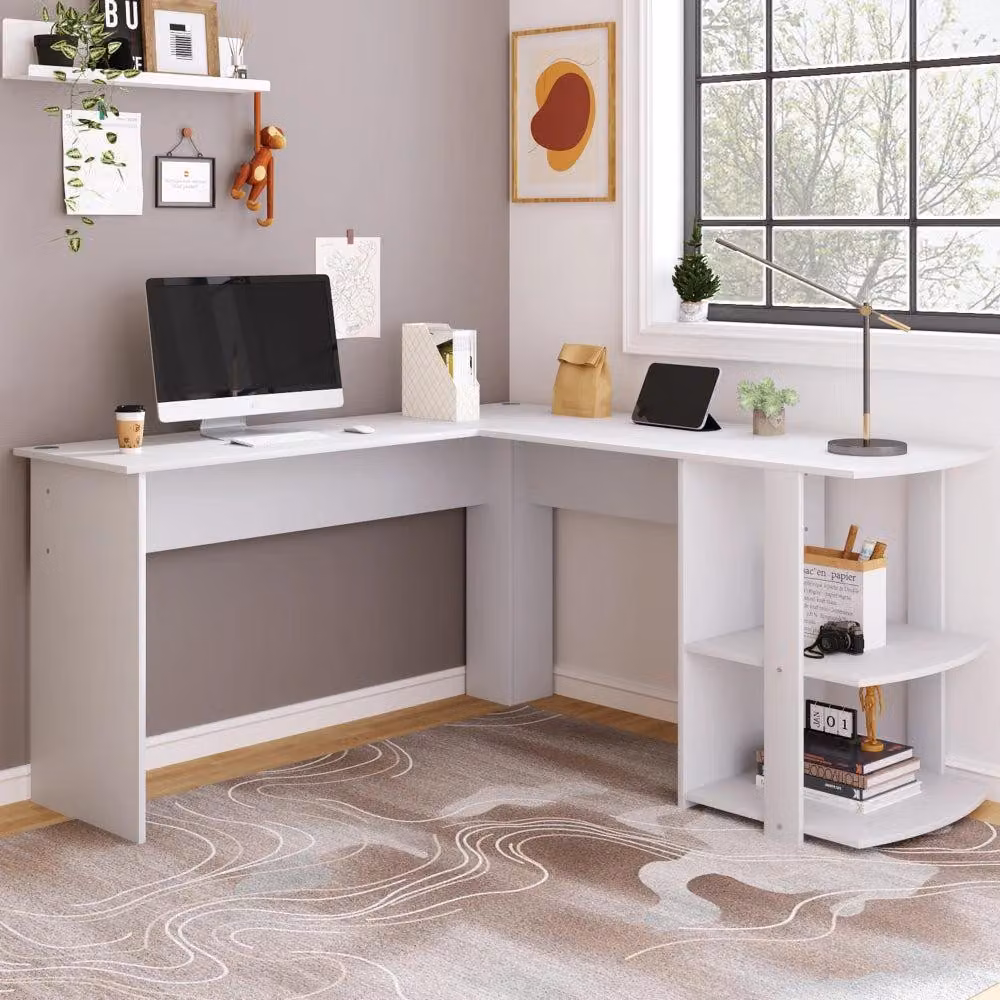 Scrivania ad angolo - Scrivania a forma di L per computer con 2 ripiani e struttura bianca - Scrivania moderna per il gaming