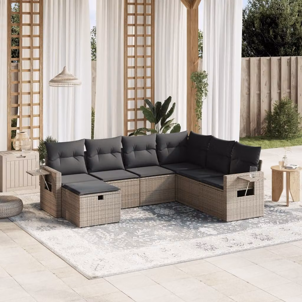 Set di divani da giardino vidaXL a forma di L composto da 7 pezzi con cuscini grigi in polyrattan e struttura in acciaio verniciato a polvere – 1