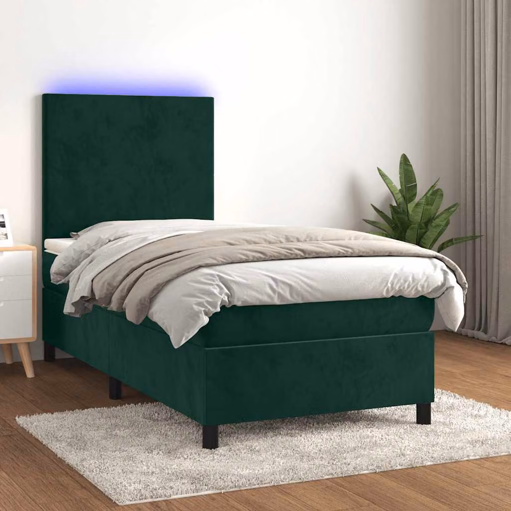 vidaXL Letto a Molle con Materasso Ibrido in Velluto Verde Scuro con Illuminazione LED e Porte USB L/P/H: 80 x 200 cm – 1