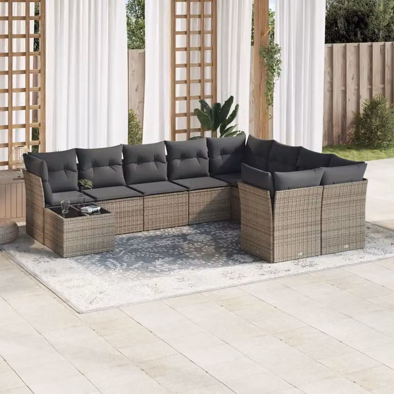 vidaXL Set Divano da Giardino 10 pz in Polyrattan Grigio con Cuscini e Tavolino