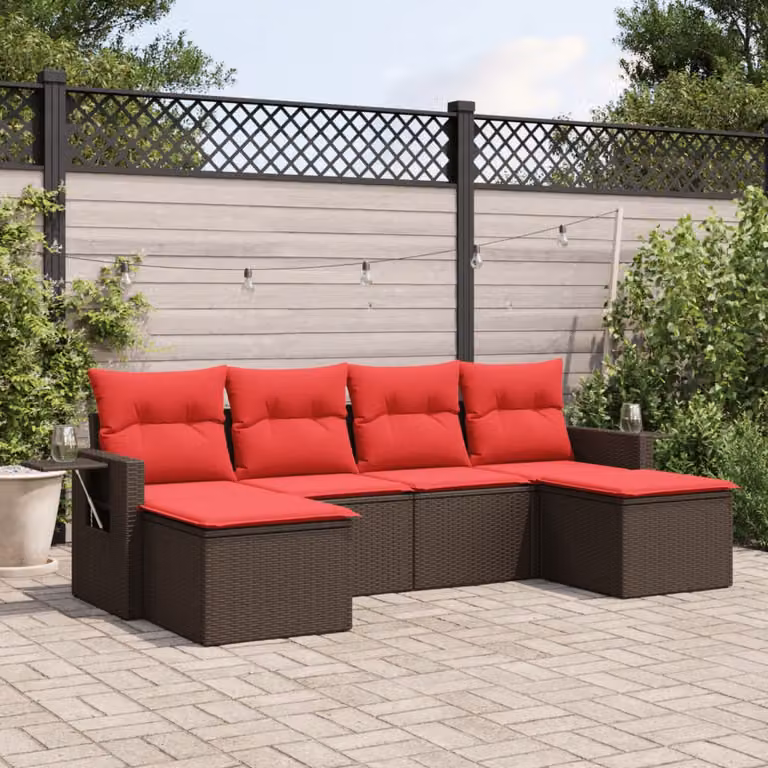 Set da giardino vidaXL in polyrattan marrone composto da 6 pezzi con cuscini imbottiti e sedute a forma di L