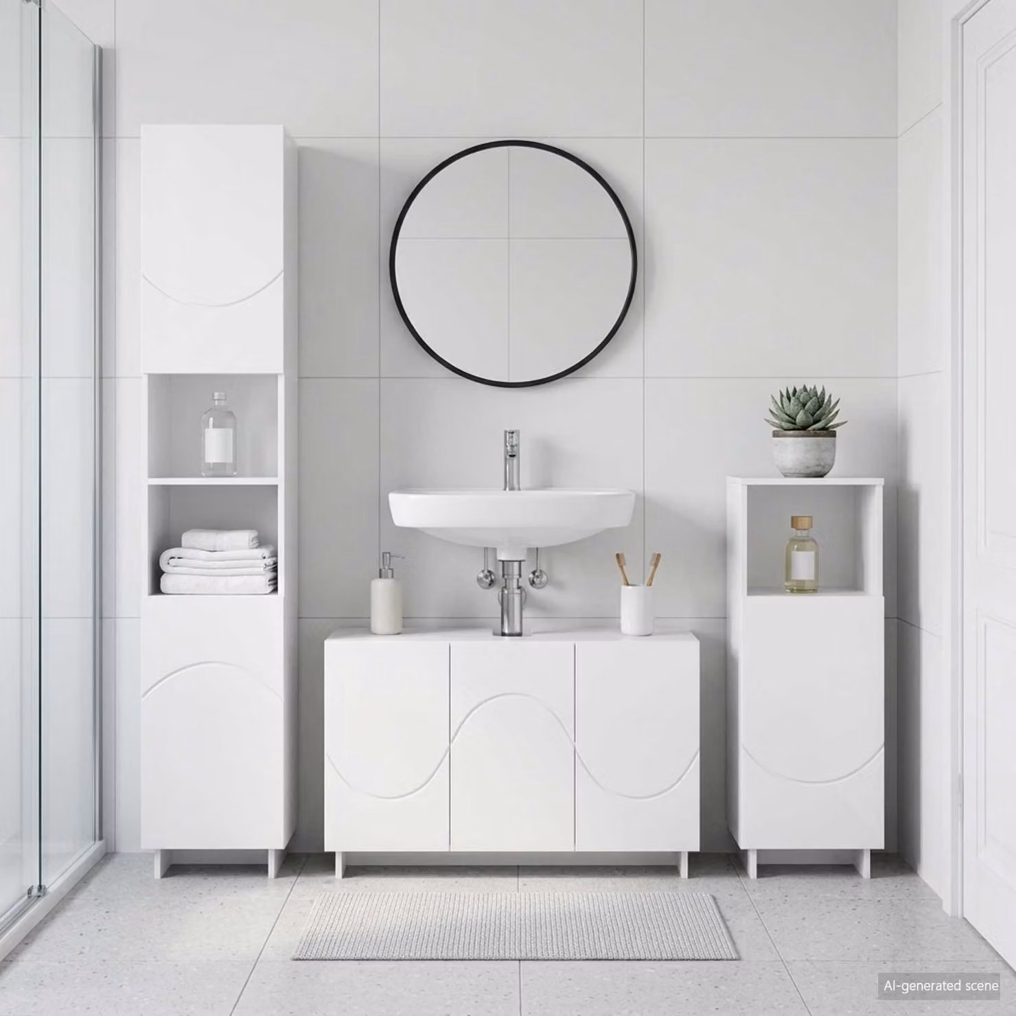 Set di mobili da bagno moderno vidaXL in 3 pezzi bianco lucido in MDF con mobile sottolavabo, colonna alta e mobile laterale