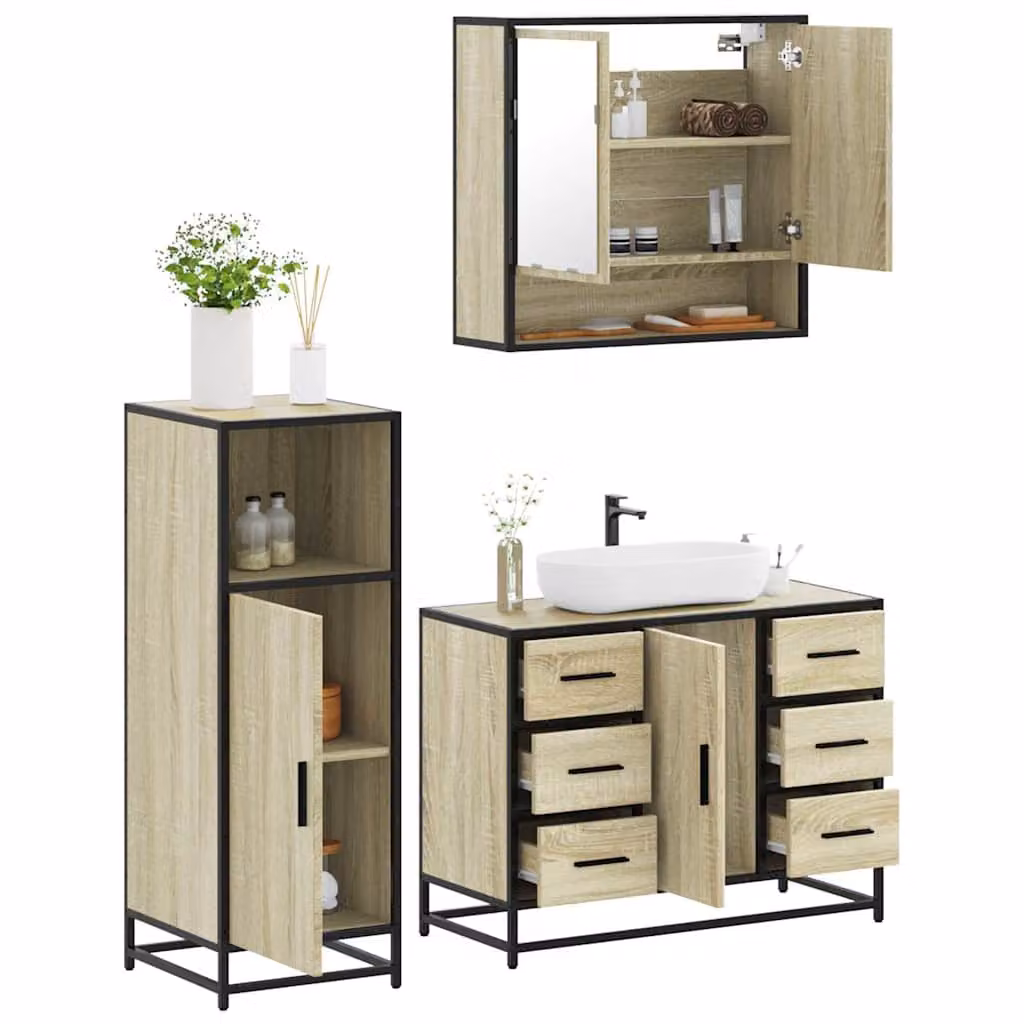Set di mobili da bagno industrial vidaXL in legno e metallo marrone composto da mobile lavabo, armadietto con specchio e mobile laterale