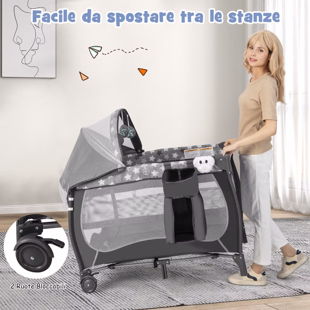 Costway Lettino da viaggio pieghevole con fasciatoio, zanzariera, carillon e cappotina, culla per neonati con ruote e borsa di trasporto, Grigio – 3