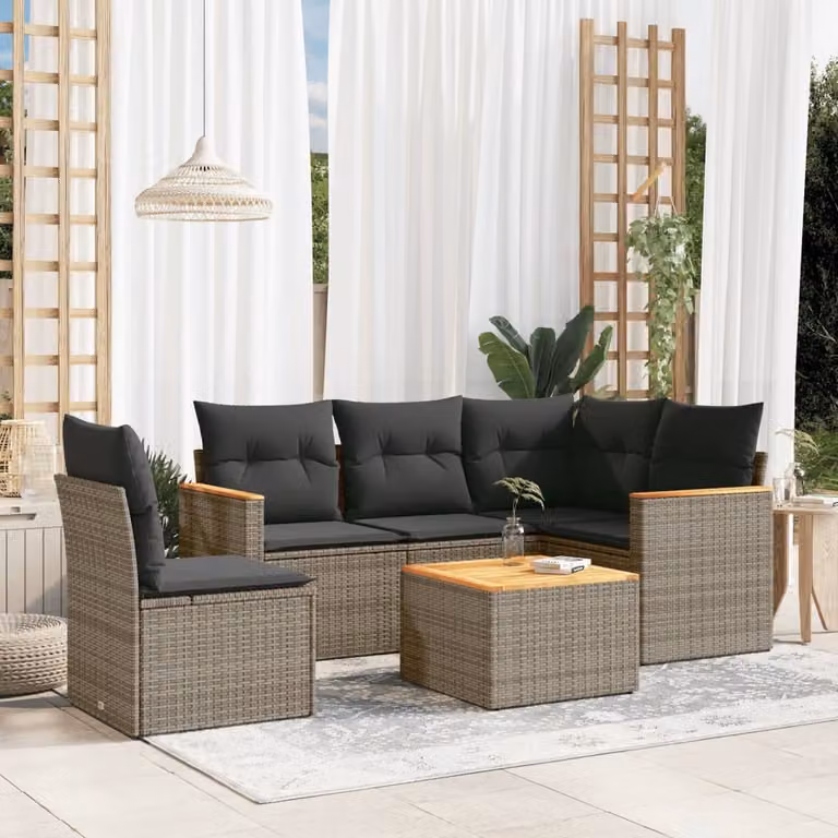vidaXL Set Divano da Giardino 6 pz a L con Cuscini Grigio in Polyrattan e Tavolino da Esterno